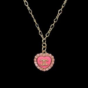 CC Stamped Upcycled Gold Necklace with Pink Heart Pendant
